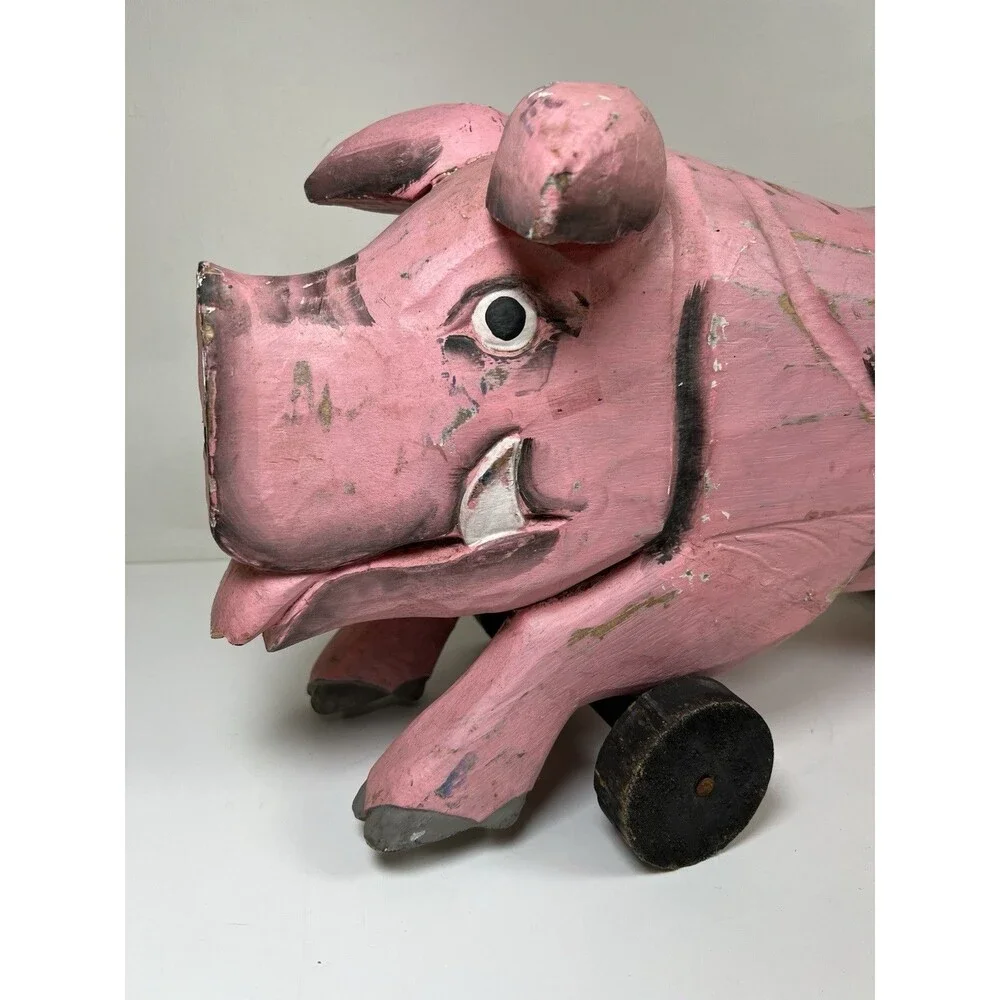 Vintage Handcrafted Carved Wooden Pig on Wheels Art Sculpture Statue Country